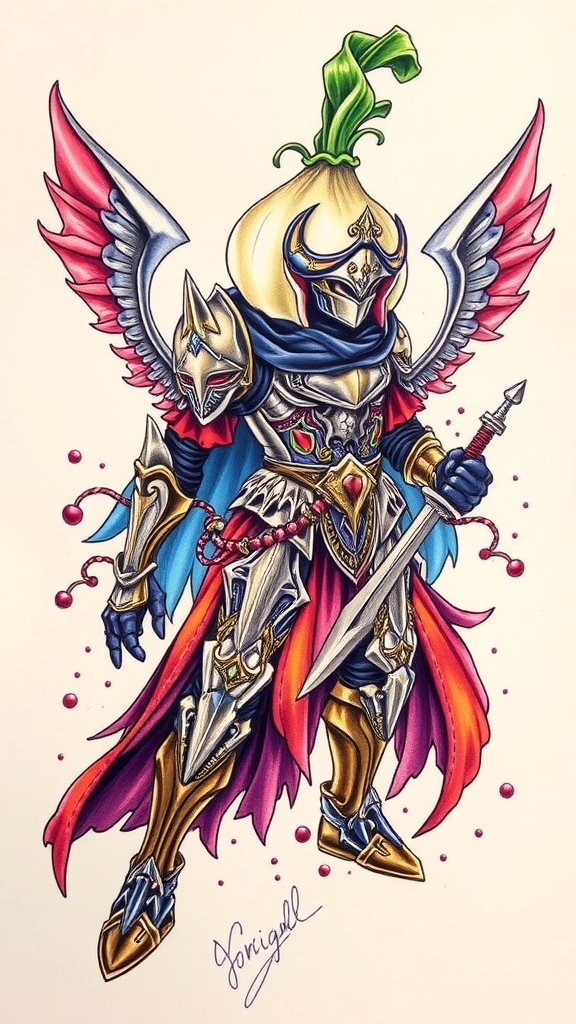 Tattoo design of the Onion Knight character from Final Fantasy, featuring a helmet and armor in a colorful fantasy setting.